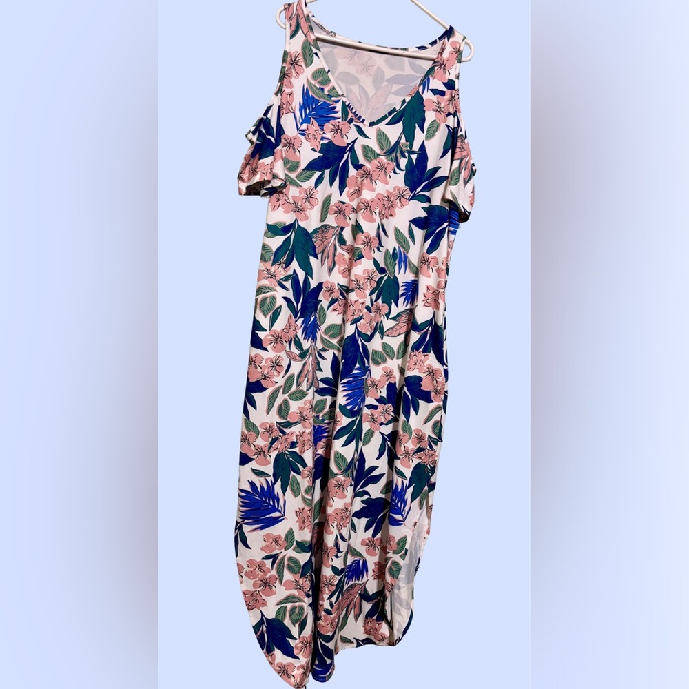 Feminine Boho Floral Tropical Print Off-Shoulder Summer Maxi Dress with Pockets